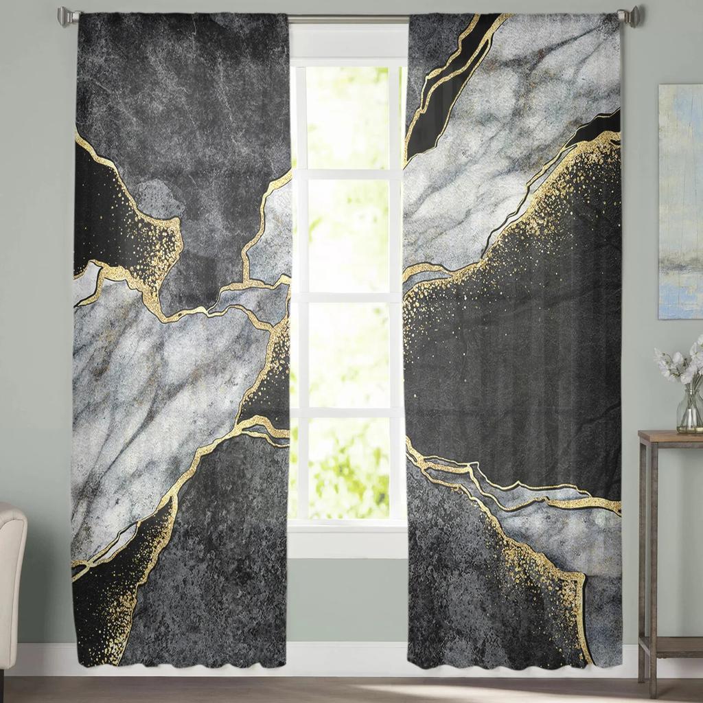 Abstract Black And White Marble Sheer Voile Window Curtains Tulle Curtains Living Room Balcony Decoration Drapes