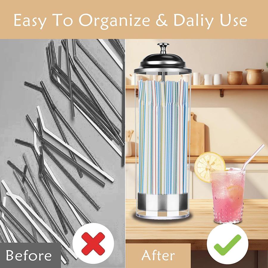 Straw Holder Dispenser 100 PCS Striped Straws Include - Clear Drinking Straw Container with Stainless Steel Lid Storage Box