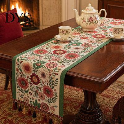 Jacquard Table Runner Geometric Runner, Colorful Triangles Vintage Floral Tassel Edge with Edges for Home Farmhouse Dining Decor Soft