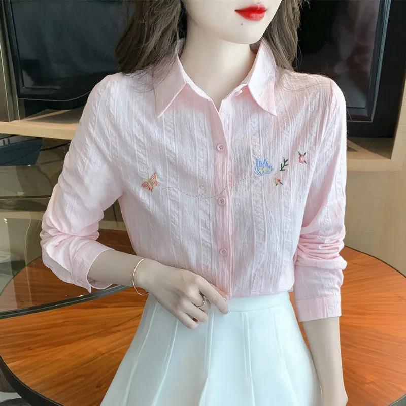Women s White Blouse Casual Polo Collar Long-Sleeve Butterfly Embroidery Textured Shirt S