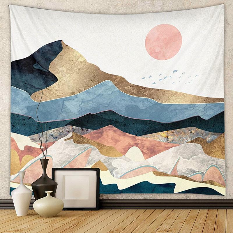 Nordic Mountain Sunset Printed Tapestry Natural Landscape Wall Hanging Cloth Beautiful Bedroom Background Decoration with Nails