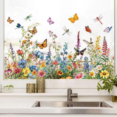 Grüne Pflanzen, Blumen, Schmetterling Wandaufkleber Fensteraufkleber Glasfenster Raumdekoration Elektrostatische Aufkleber
