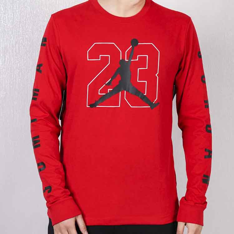 Jordan Big Logo Basketball Digital Print Casual Breathable Sport Round Neck Long Sleeve T-Shirt Men Tops Red AQ3702-687
