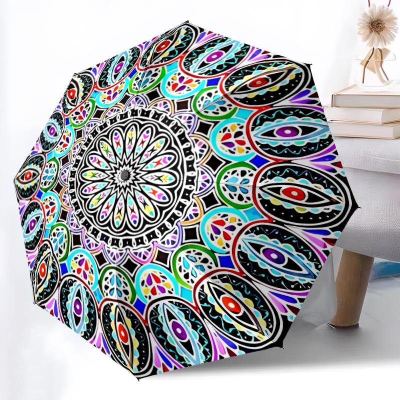 1pc Sturdy 8-Bone Auto Umbrella, Colorful Flower Mandala Umbrella, Digital Printed, Foldable Umbrella for On-the-Go Outdoor Use