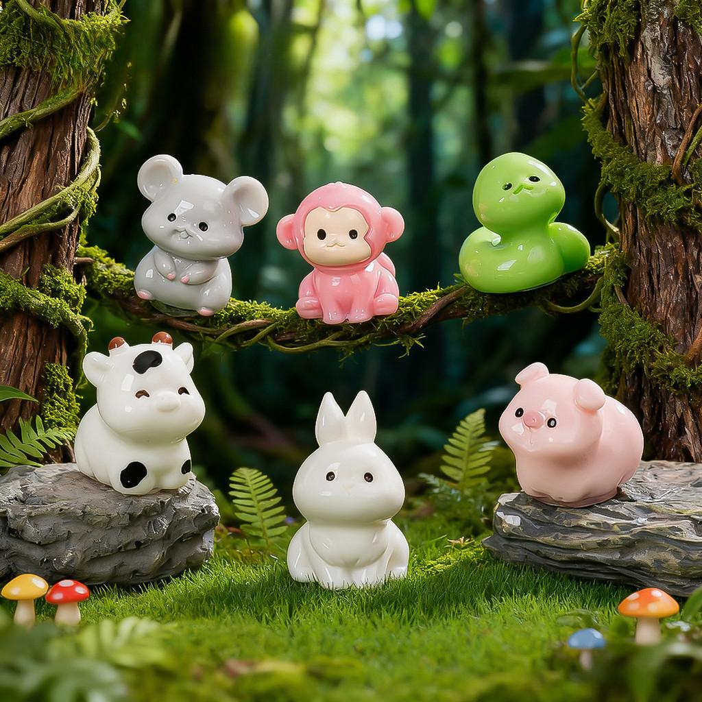 12Pcs/set Multicolors Cartoon Mini Zodiac Animal Miniatures Resin Ornaments Fairy Garden Decoration Moss Terrarium Micro Landscape