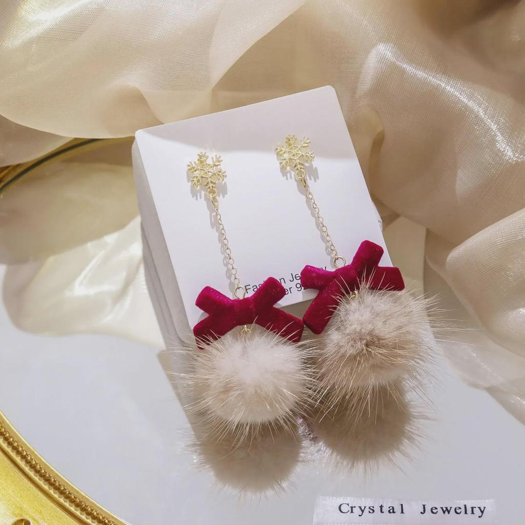 Wine Red Bow & Snowflake Fur Ball Tassel Earrings for Women - Winter Collection