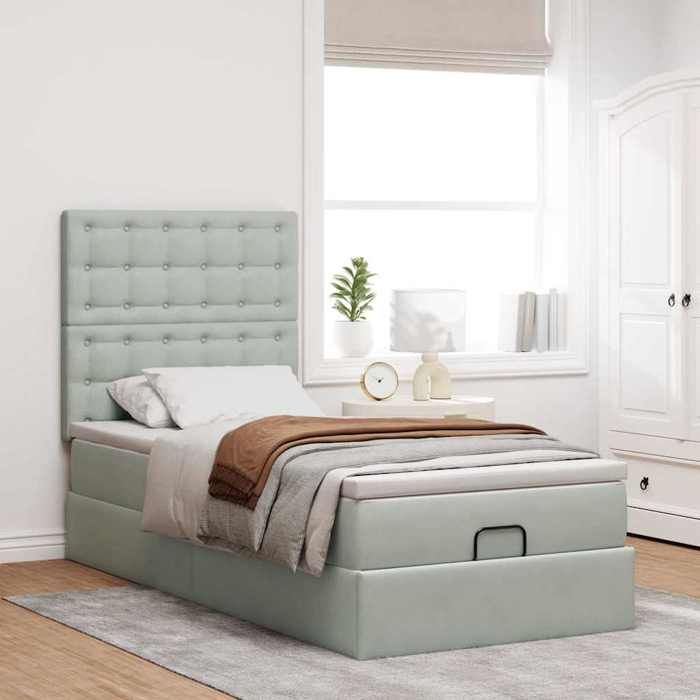 VidaXL Ottoman Bed Frame and Mattress Light Grey 90x200 Cm Velvet, Bed Frame, Upholstered Bed Frame, Bed Frame 3313589