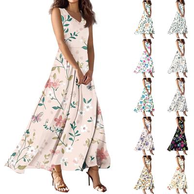 Women's Summer Casual Fashion Printed Dress V Neck Sleeveless Dress