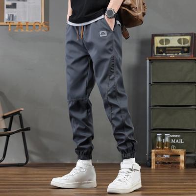 Spring Fall Men Cargo Pants Loose Drawstring Elastic Waist Multi Pockets Ankle-banded Solid Color Plus Size Sport Trousers Daily Wear Ninth Pants