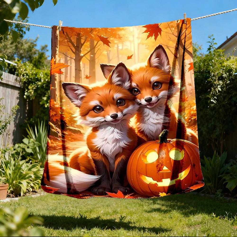 1pc Autumn Foxes Pumpkin Throw Blanket Polyester Fiber, Lightweight Flannel, Soft & Warm, All Season Use for Outdoor, Camping Digital Print