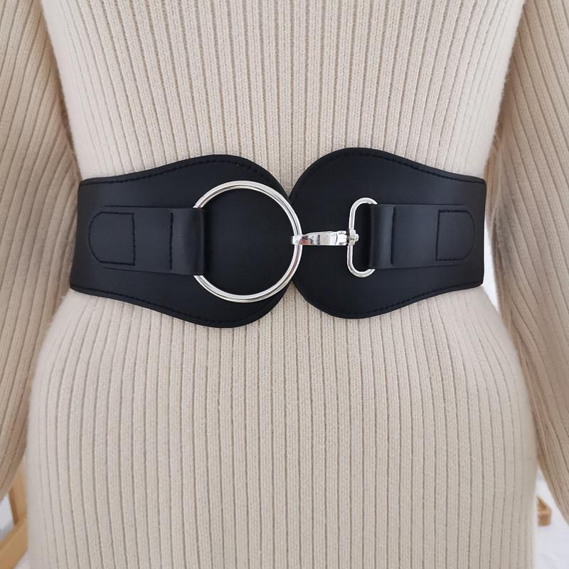 Minimalist Black Leather Look Waist Belt For Casual Dresses With Metal Closure