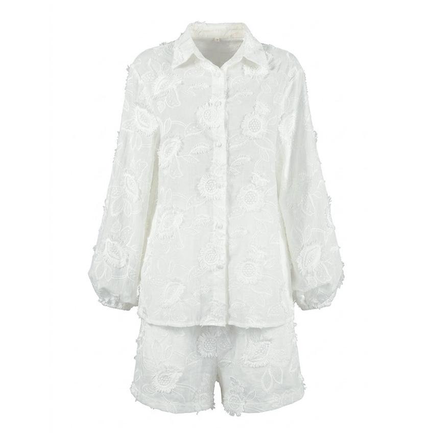 Design Sense Heavy Industry Three-dimensional Embroidery White Cotton Shirt Shorts Two-piece Fashion Casual Suit