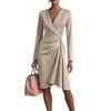 European and American New Models, Autumn Fashion Cross V-neck Waist Solid Color Long-sleeved Dress Women's Clothing