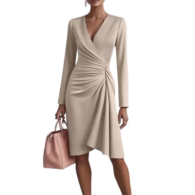 European and American New Models, Autumn Fashion Cross V-neck Waist Solid Color Long-sleeved Dress Women's Clothing