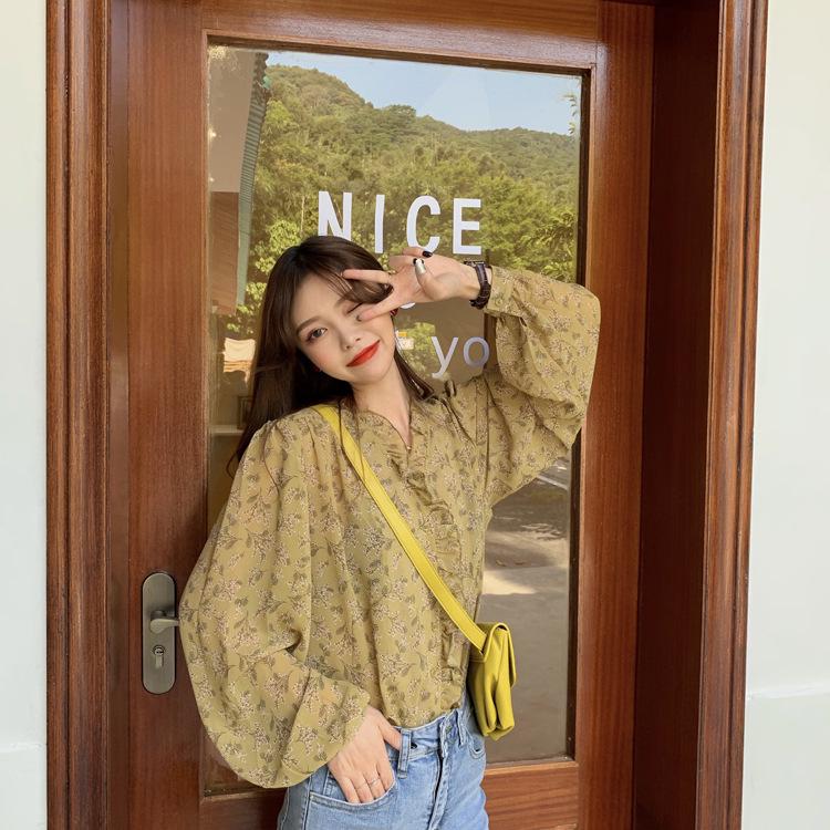 2025 Chic Korean Style Floral Chiffon Women's Long-Sleeve Puff Shirt