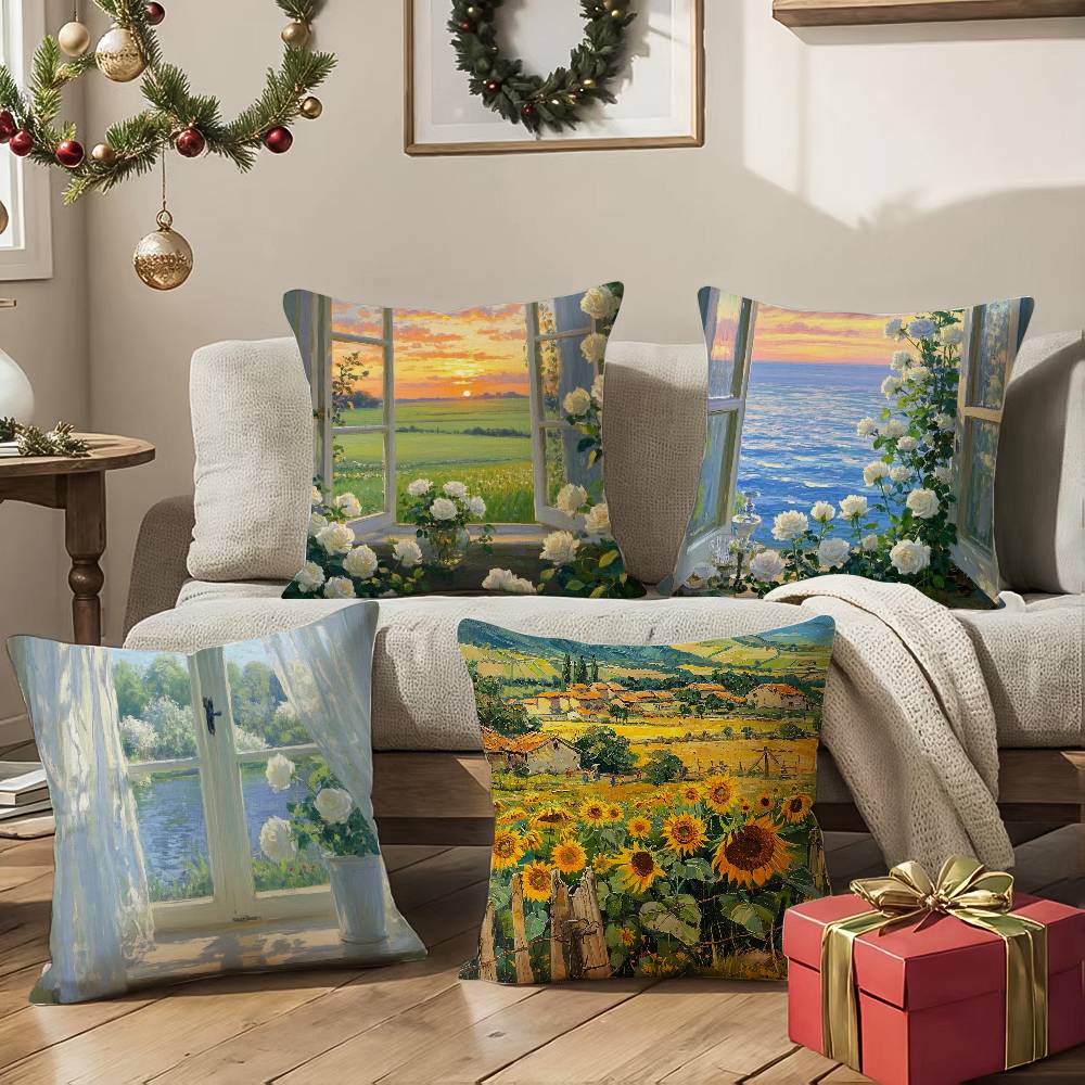Hand-painted Iandscape Oil Painting Pillow Case Comfort Sofa Bed Silky Elegant Invisible Zipper Decorative Cushion Cover