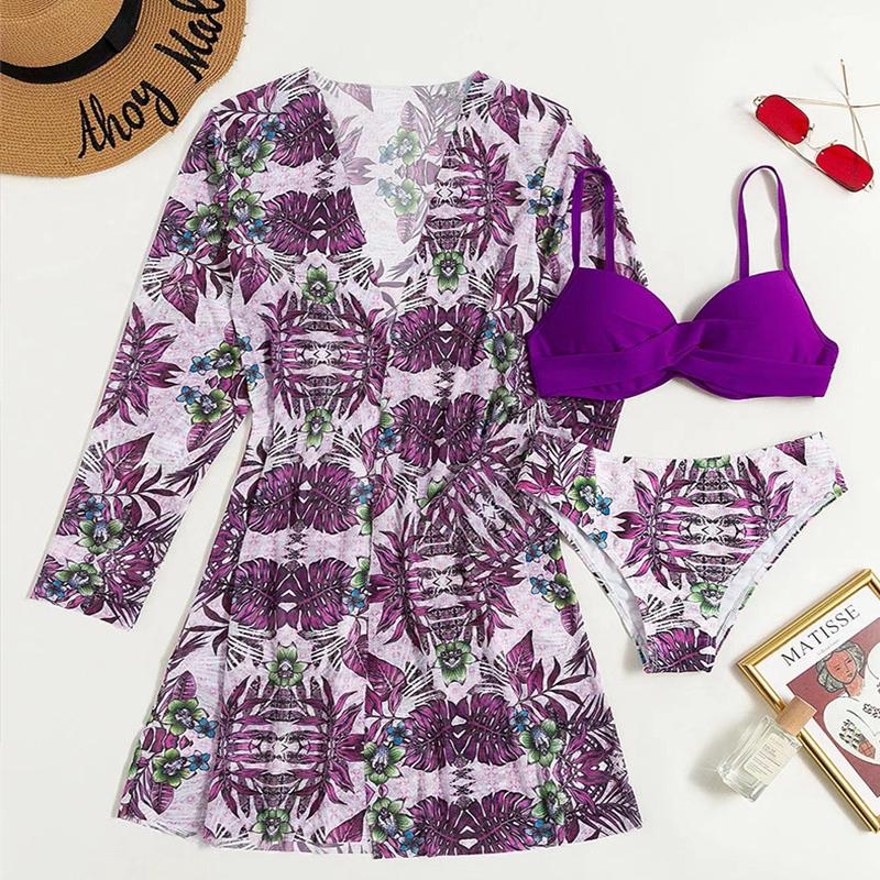 3 Pieces Bikini Sets Women Summer Sexy Floral Twist Low Waist Bikinis Cover Up Swimsuit Female Brazilian Beachwear Bathing Suit WBL