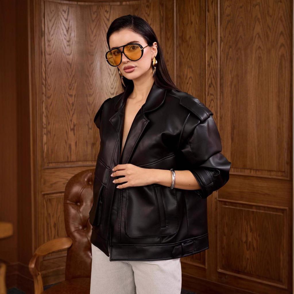 2025 Cross-border European and American Women's Clothing Amazon Lapel Jacket Leather Jacket Trendy Fashion Pocket Jacket Slim Pants
