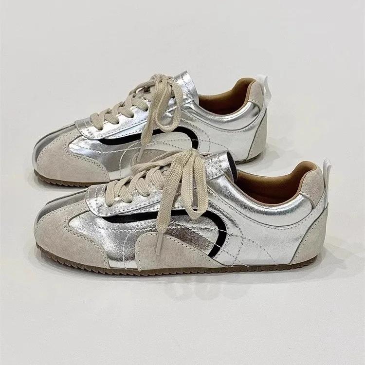 Women's Soft Leather Flat Bottom Retro Trainer Shoes Breathable Spring New Style Casual Comfortable Cotton Lined Rubber Soled