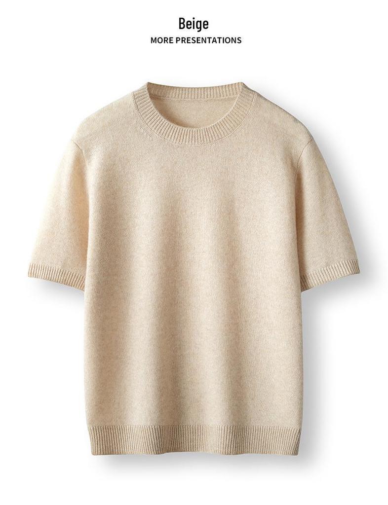 Solid Color Cashmere Blend Sweater, Lightweight, Short-Sleeved, Round Neck, Relaxed Fit, Five-Point Sleeves, Ideal for Layering
