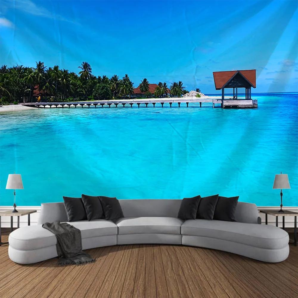 Bedroom Landscape Tapestry Sea View with Coconut Trees Home Mural Art Wall Decoration Aesthetic Garden Hanging Decor