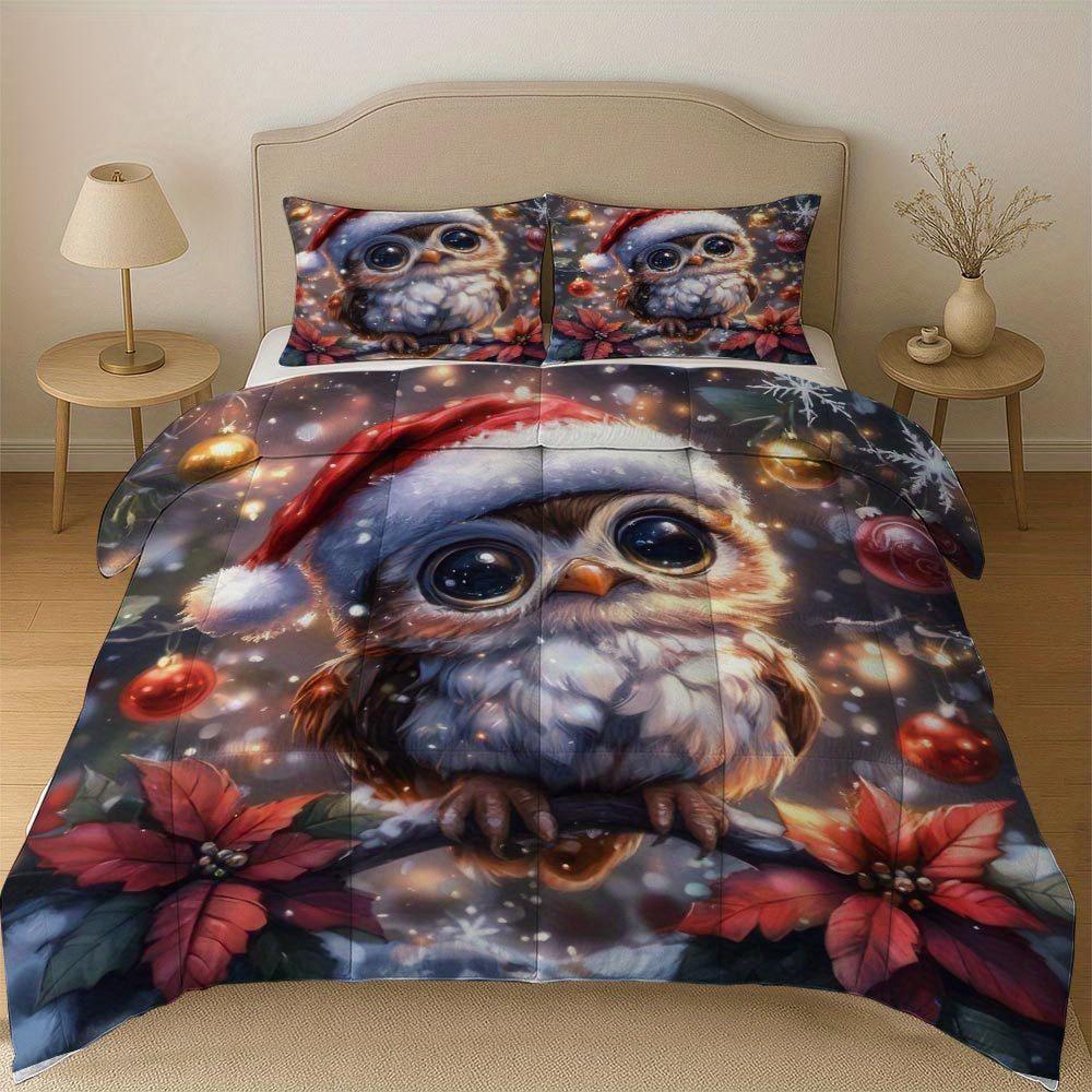 

Набор лоскутного одеяла с совами на Рождество, 3 предмета, толстое одеяло, праздничный комплект для кровати, 1 одеяло + 2 наволочки, идея для праздничного подарка EU Twin(135x200cm)