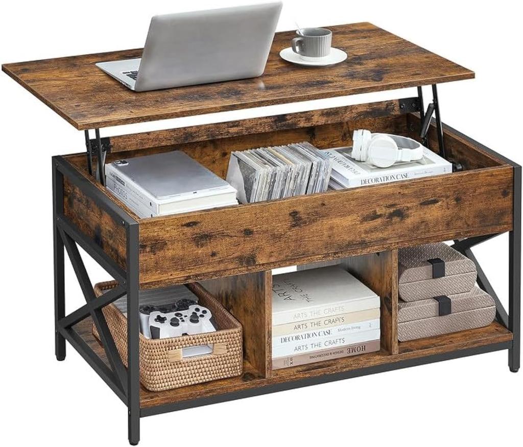 VASAGLE Lift Top Coffee Table, Lift Coffee Table with Storage Shelf, Hidden Compartments and Lifting Top, for Living Room, Office