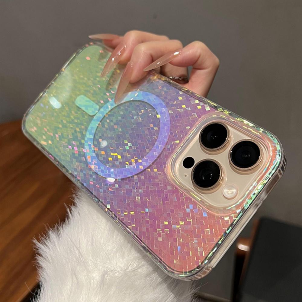Funda Magnética Láser Reflectante con Patrón de Diamantes de Lujo Para iPhone 17 Air 16 E 15 14 Plus 13 12 Pro Max 11 Para Magsafe Aurora Capa