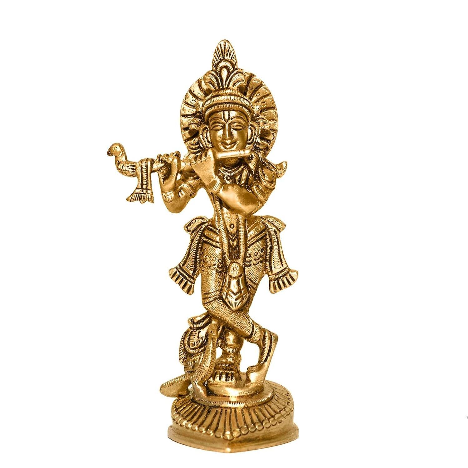 

Латунная статуэтка Кришны | Высота - около 16 см | Васту-идол для дома и офиса | Зональное размещение - Запад | золотистый