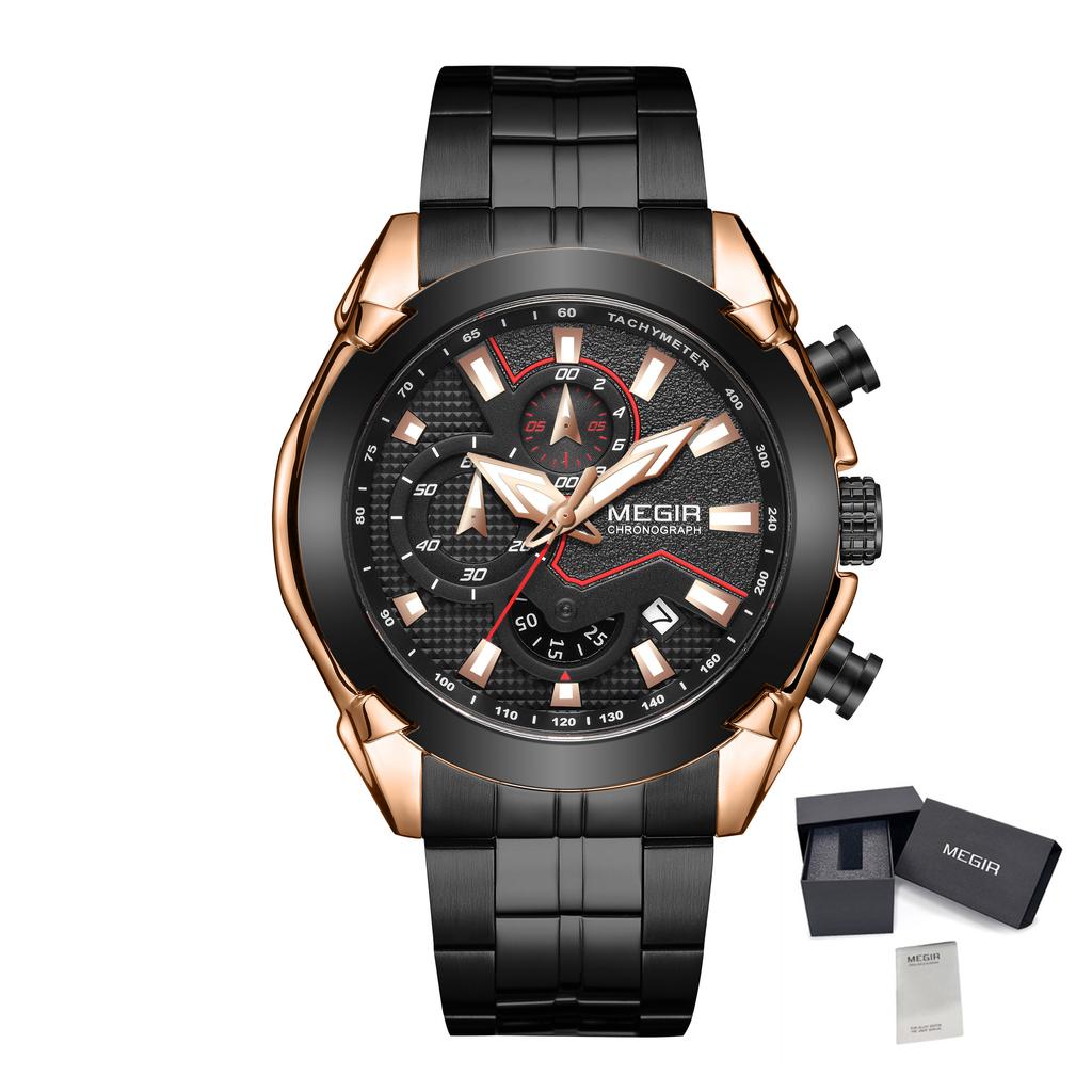 MEGIR Fashion Men Watches Business Chronograph Watch for Men Stainless Steel Quartz Wristwatch Calendar Clock Reloj Hombre 2065