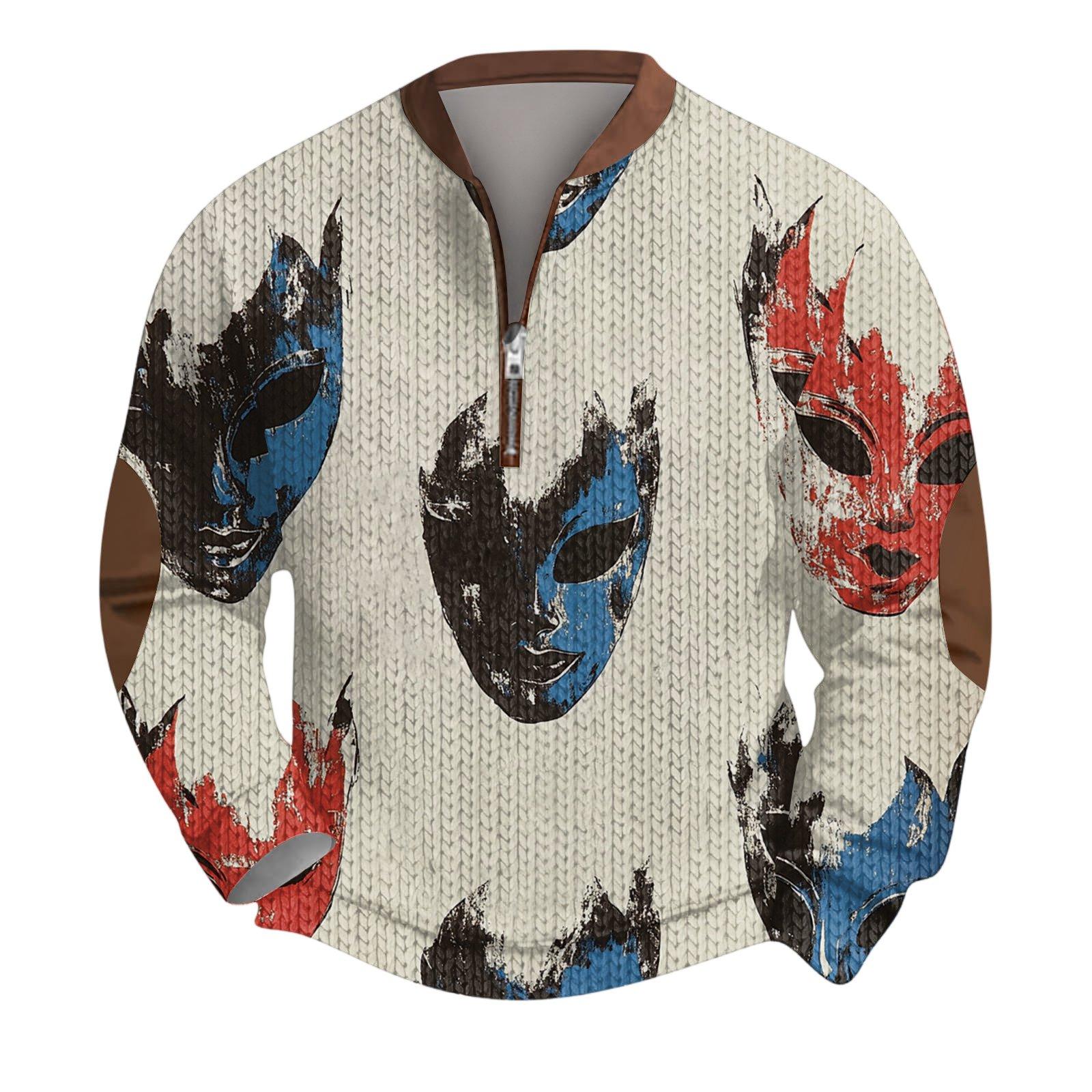 Мужской рождественский свитер на молнии винтажный вязаный графический свитшот карнавальный пуловер со стойкой XL белый 3170₽