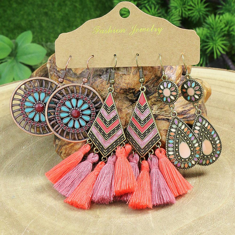 Bohemien Colorful Drop Oil Waterdrop Nappa Earrings Set for Women Ethnic Vintage Holiday Zircon Casual Pendant Mujer