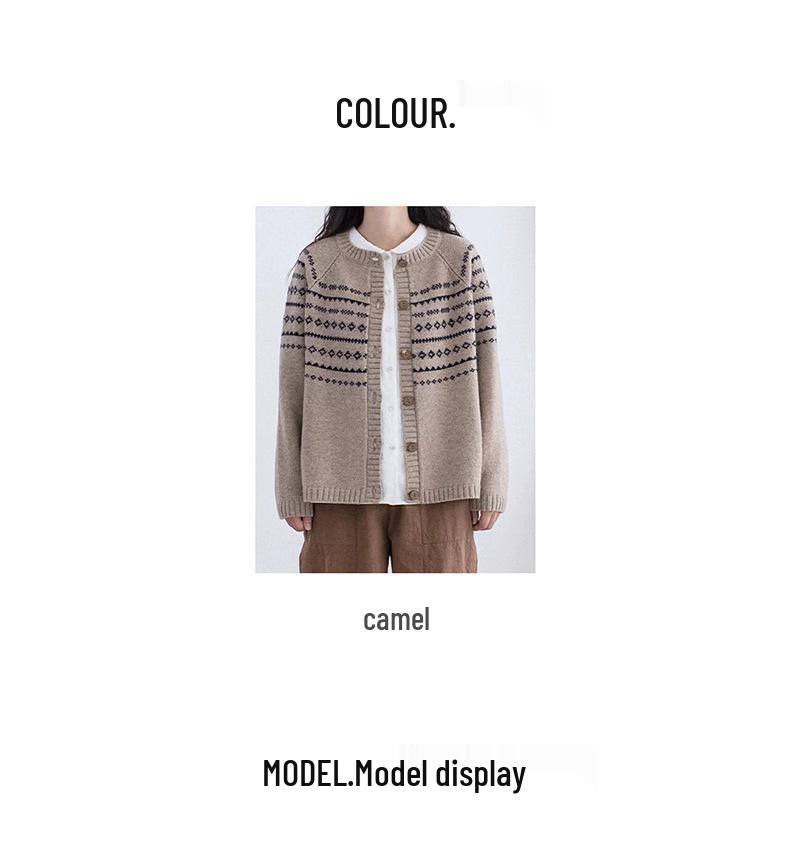 Autumn/Winter 2025 Women's 100% Wool Retro Color Block Jacquard Round Neck Buttoned Casual Loose Knit Cardigan