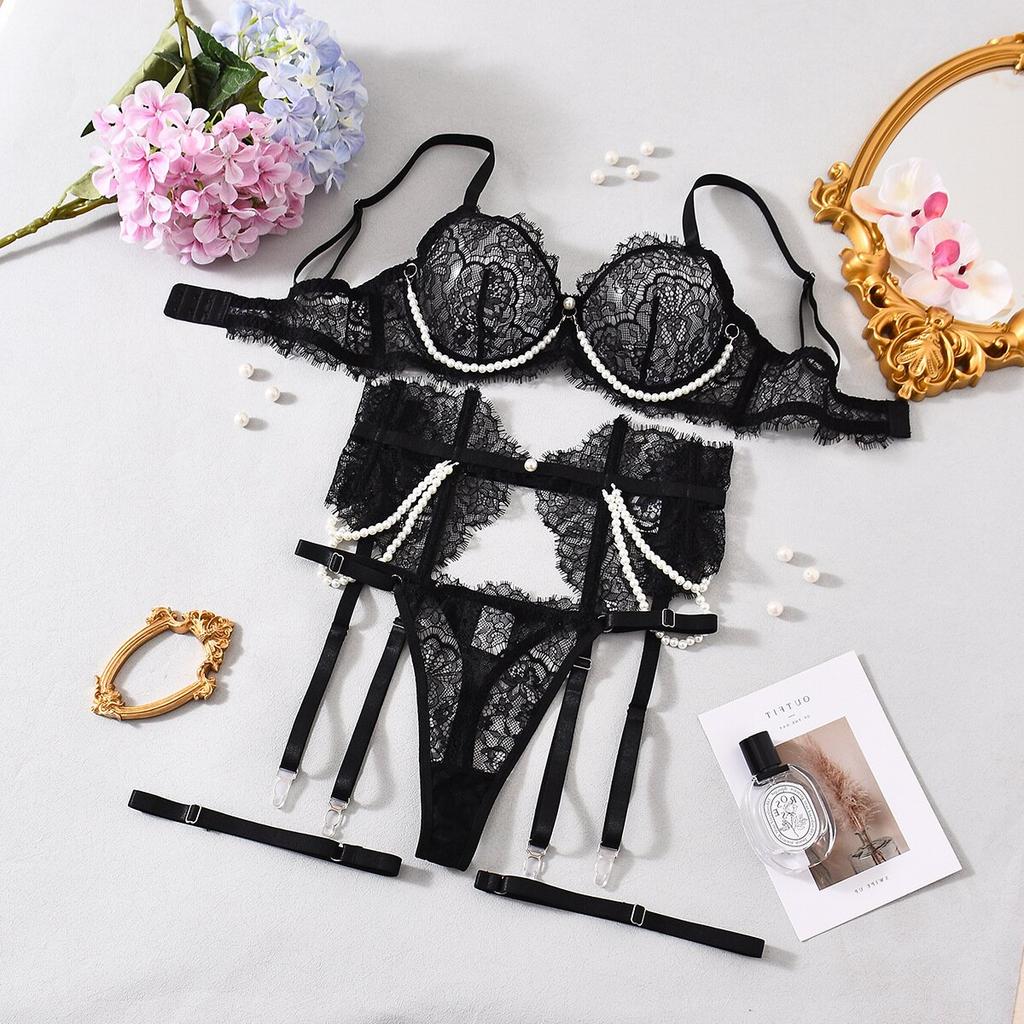 Valentine Lingeries Sexy Hot Elegant Pearl Decor Willowy Bra Belt Thong Lingerie Sets With Leg Circles Attractive Fishbone Sets