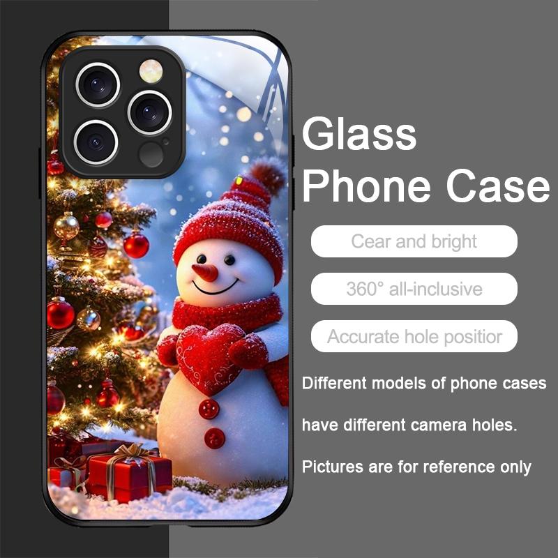 Cute Winter Snowman Christmas Tree Tempered Glass Phone Case for iPhone 17 16 Pro Max 15 14 13 12 Mini 11 X XS XR 7 8 Plus Cover