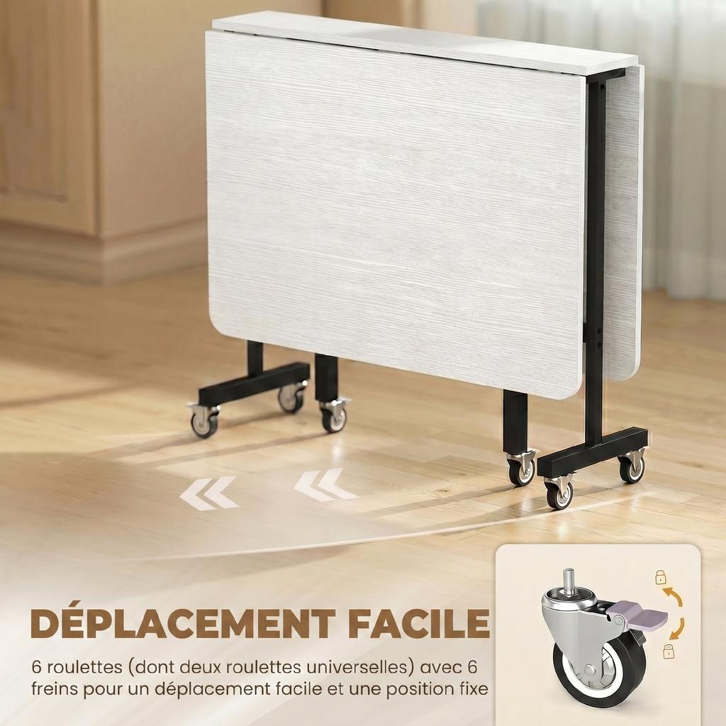 Folding Dining Table on Wheels, for 4-6, 120 cm, Wheels with Brakes, 2 Drop Leaves, White/Black