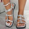 Fashion Rhinestone Flowers Roman Sandals for Women 2025 Summer Square Toe Silver Flat Sandals Woman Fashion Party Dress Sandalias Mujer