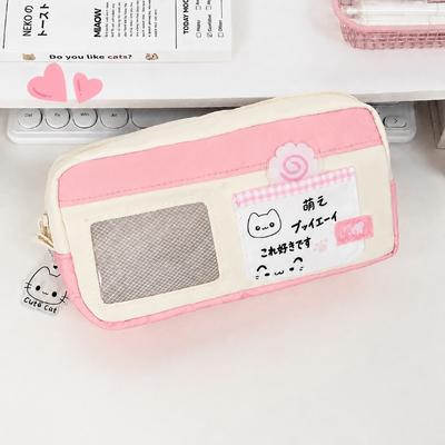 Pink White Pen Bag Cute Cat Print Stationery Bag Japanese Style Pencil Pouch  School Supplies