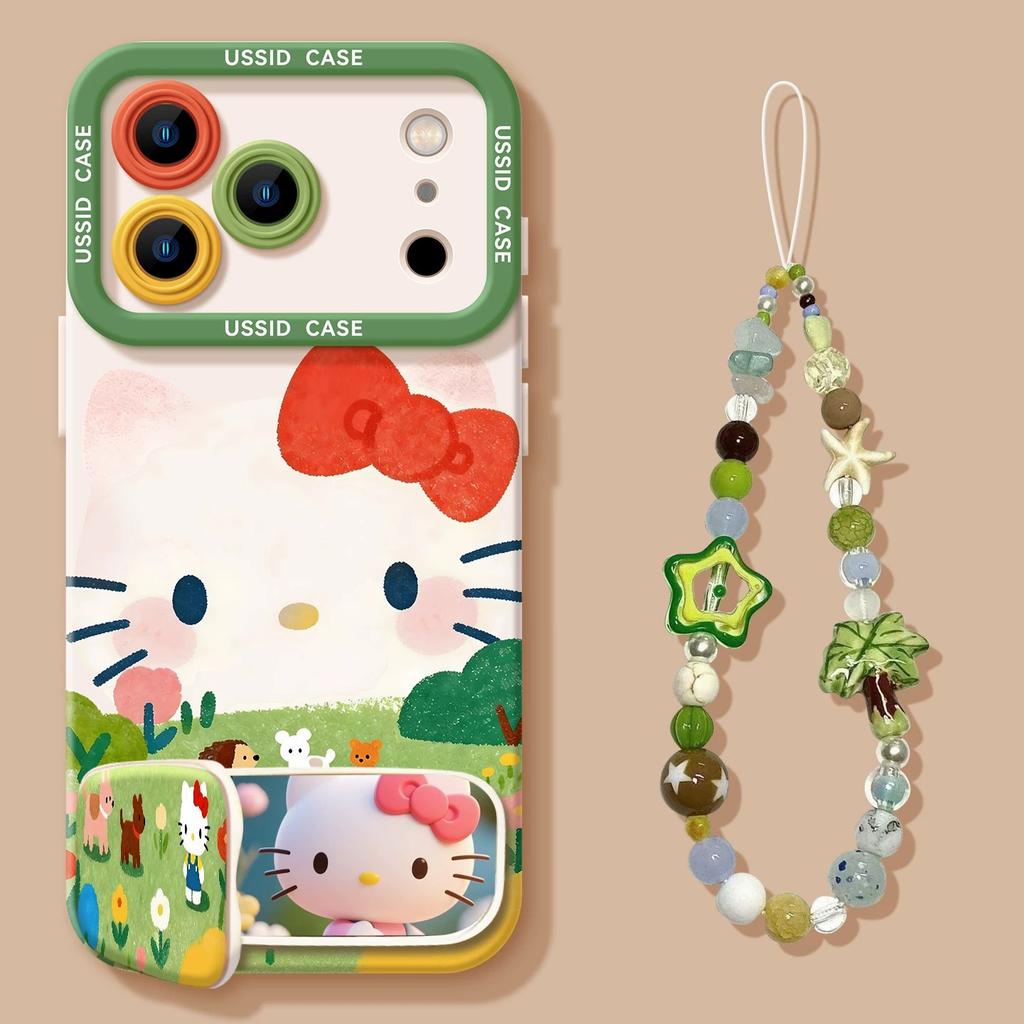 Grass cat mobile phone case with bracket for iphone17 Apple 16pm silicone 15 lanyard 14 cute 13 soft cover