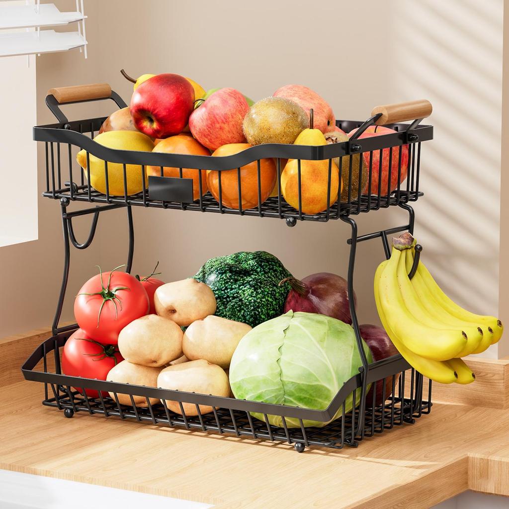 Countertop Fruit Basket 2 Tier Storage Holder for Food Household Vegetable Holder for Fruit Vegetable Snack Bread Pantry Office