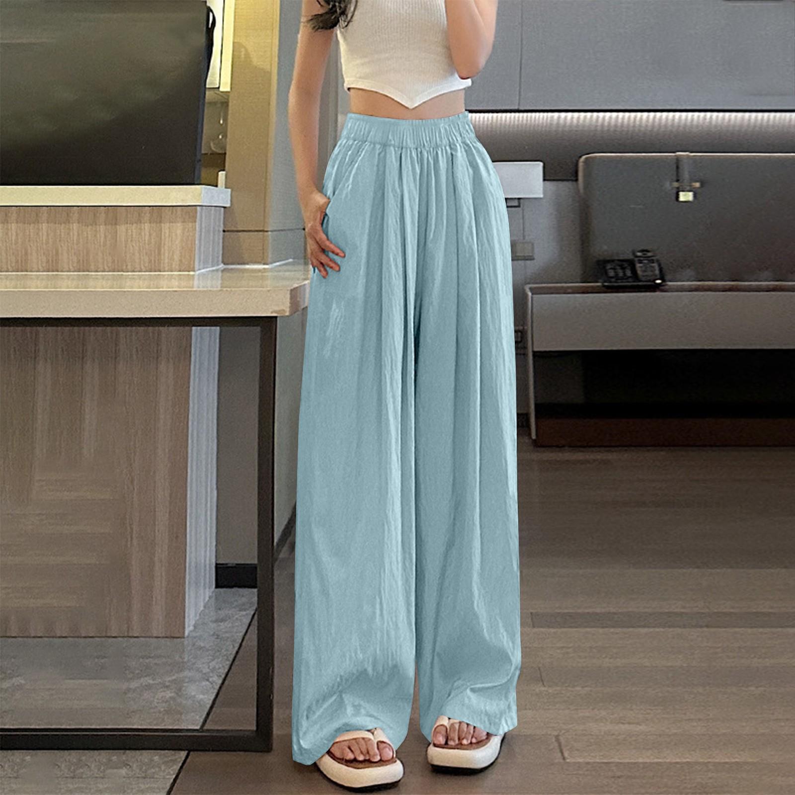 

Женские свободные однотонные широкие повседневные брюки из ледяного шелка с морщинами L