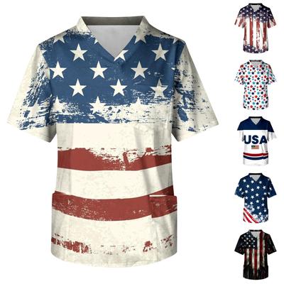 Men's V Neck Short Sleeve Medical Scrub Top with Front Pocket American Flag Print Durable Fabric Comfortable Fit