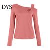 Women Top Sexy Tops Skew Collar Slanted Shoulder Bottoming Body Curves Enhancing Hollow Design Slim Fit Solid Color Long-Sleeved T-Shirt Long-sleeved