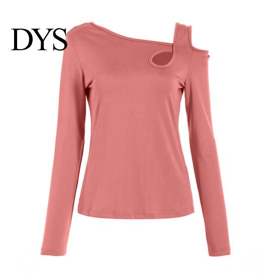 Women Top Sexy Tops Skew Collar Slanted Shoulder Bottoming Body Curves Enhancing Hollow Design Slim Fit Solid Color Long-Sleeved T-Shirt Long-sleeved