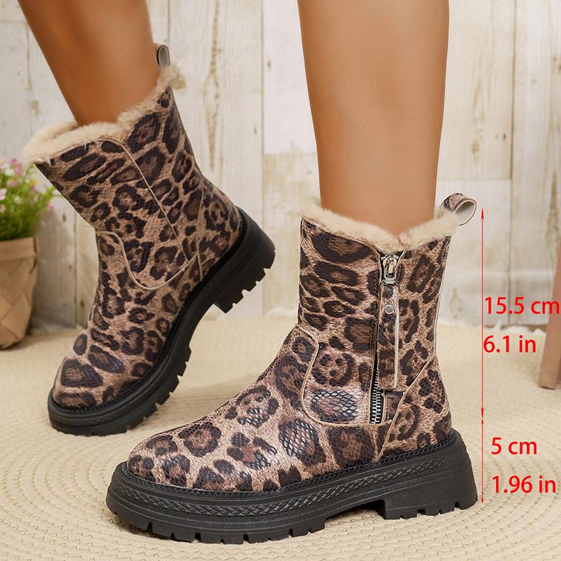 Fashion Leopard Print Platform Ankle Boots Women Plus Size 43 Thicken Plush Warm Winter Boots Woman Non Slip Zipper Short Botas