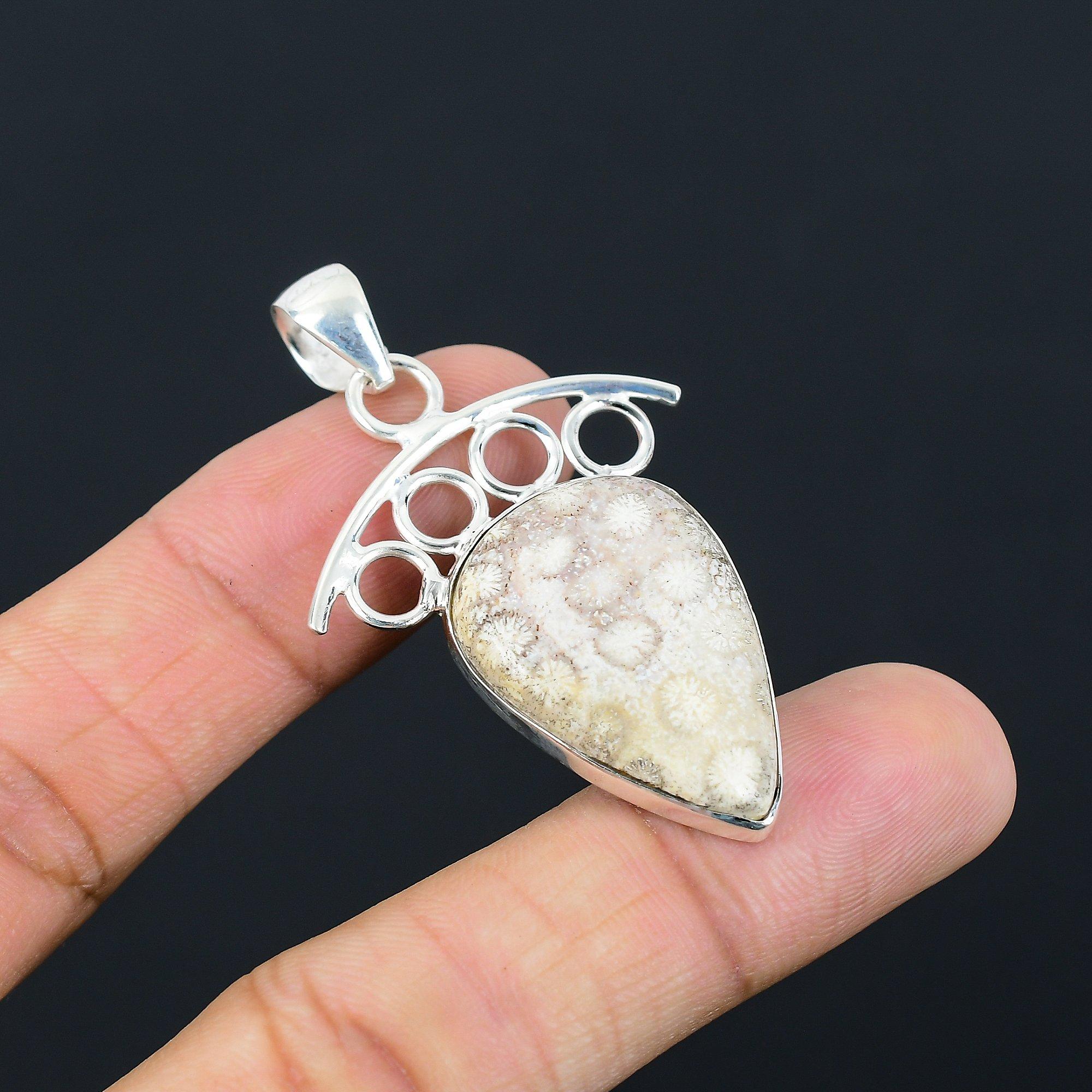 Pear Root Chakra Natural Fossil Coral Elegant Pendant Jewelry Sterling Silver