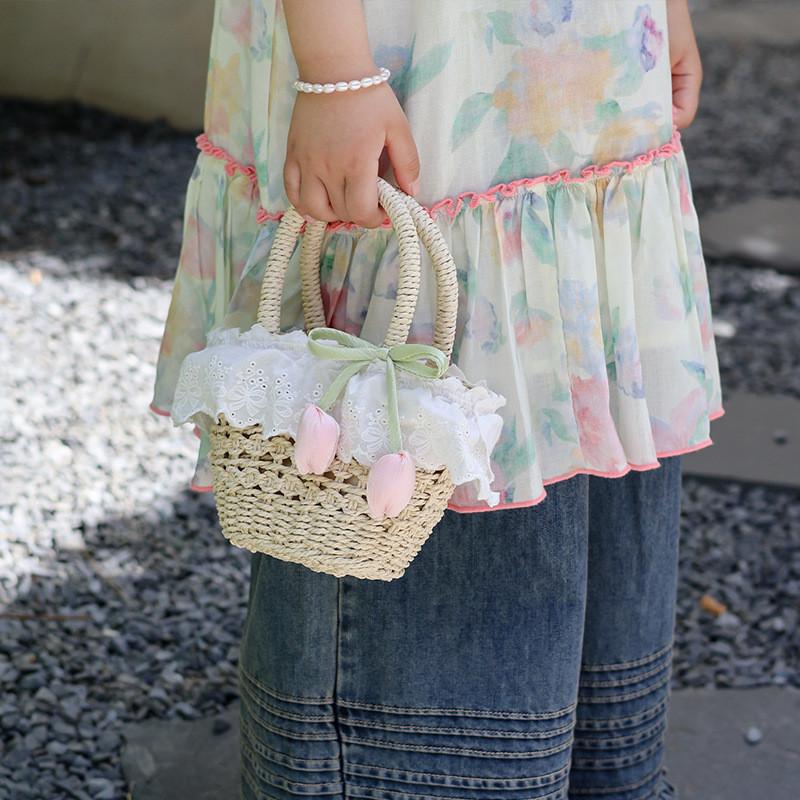 Summer Woven Straw Bag For Kids With Cotton Lining For Beach And Vacation Use