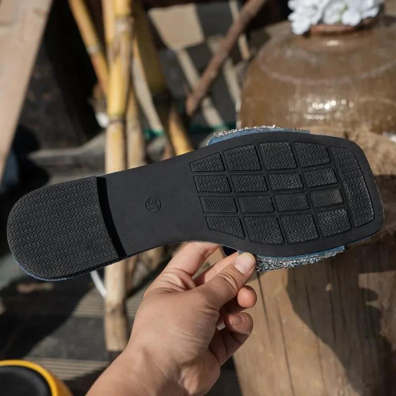 Módní dámské boty 2024 Nové dámské pantofle s otevřenou špičkou, letní flitry, jednobarevné, venkovní, ploché, ležérní, pohodlné, velké velikosti, pantofle