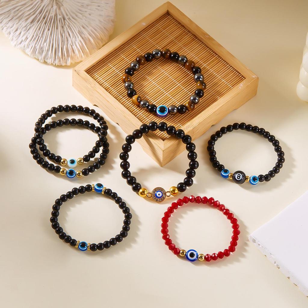 European-American Blue Evil Eye & Black Hematite 8mm Beaded Bracelet
