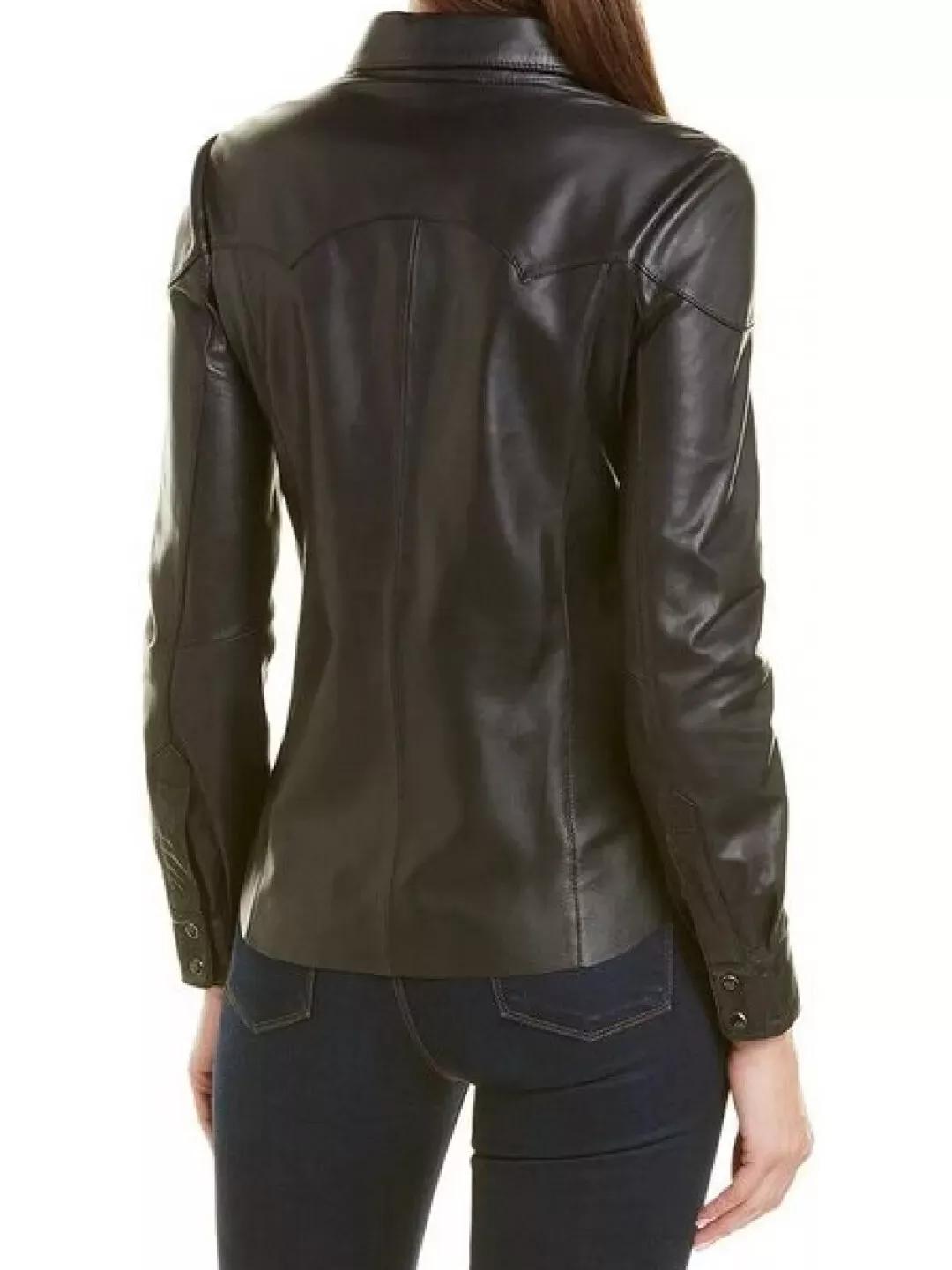 Кожаная черная рубашка ручной работы, дизайнерская, повседневная, стильная, 100% овечья кожа, женская M чёрный